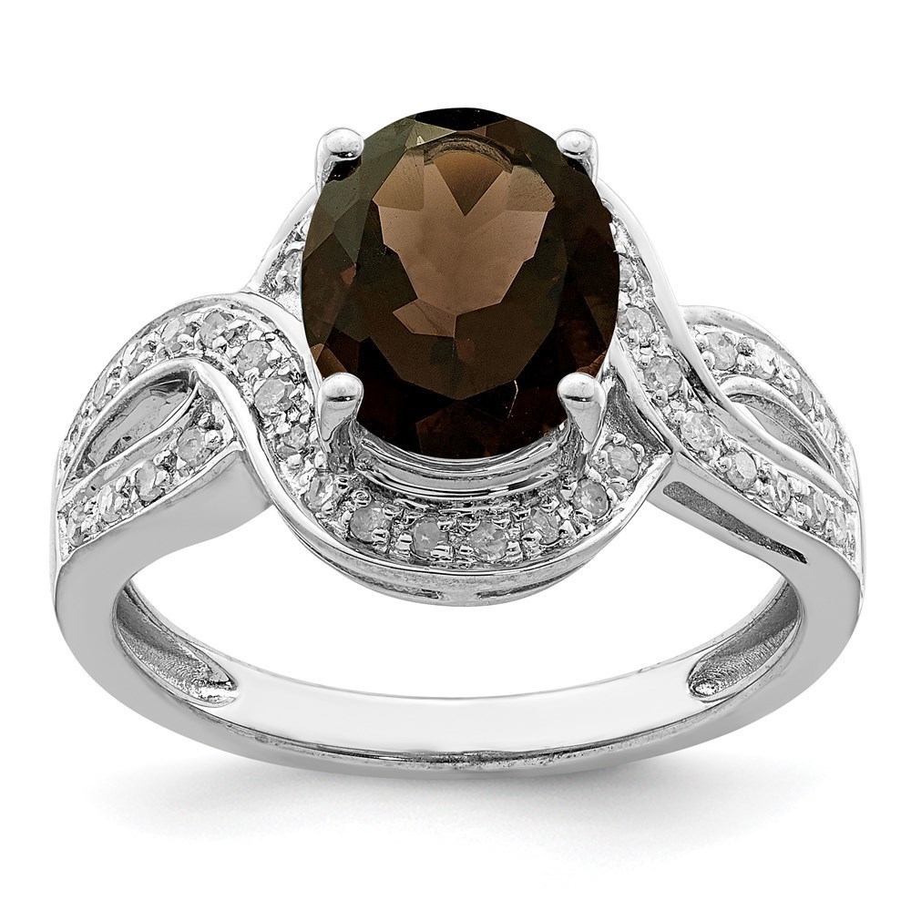 Closeout! 925 Sterling Silver Rhodium Diam. & Oval Checker-Cut Smoky Quartz Ring